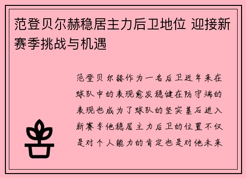 范登贝尔赫稳居主力后卫地位 迎接新赛季挑战与机遇