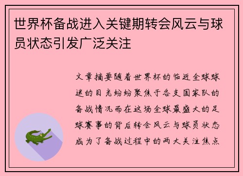 世界杯备战进入关键期转会风云与球员状态引发广泛关注